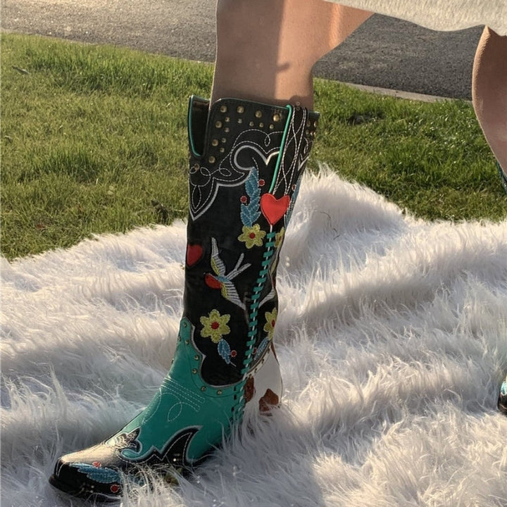 Women's Embroidered Knee-High Western Cowboy Block-Heel Boots