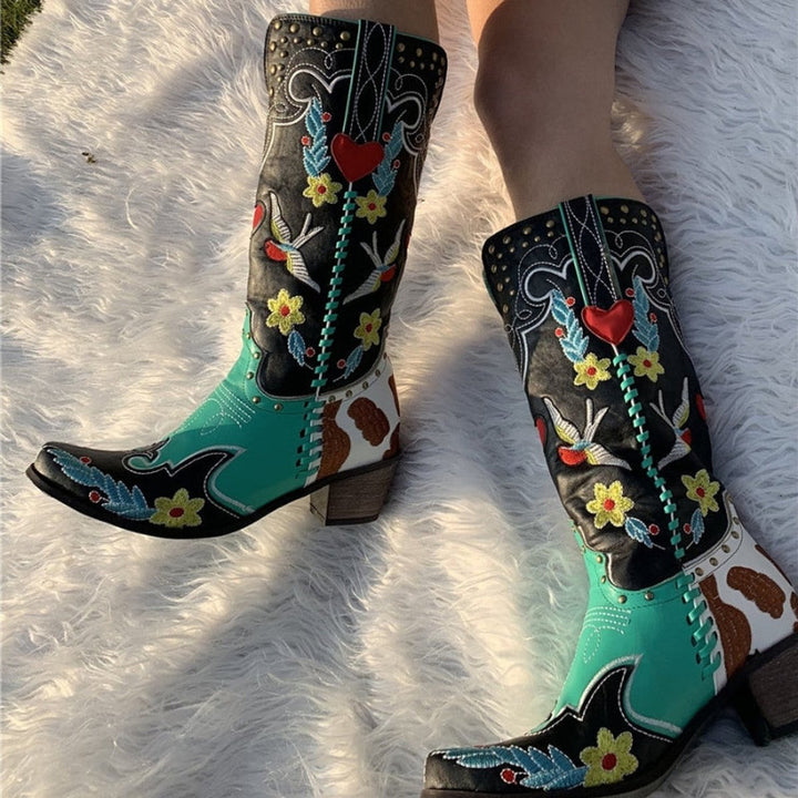 Women's Embroidered Knee-High Western Cowboy Block-Heel Boots