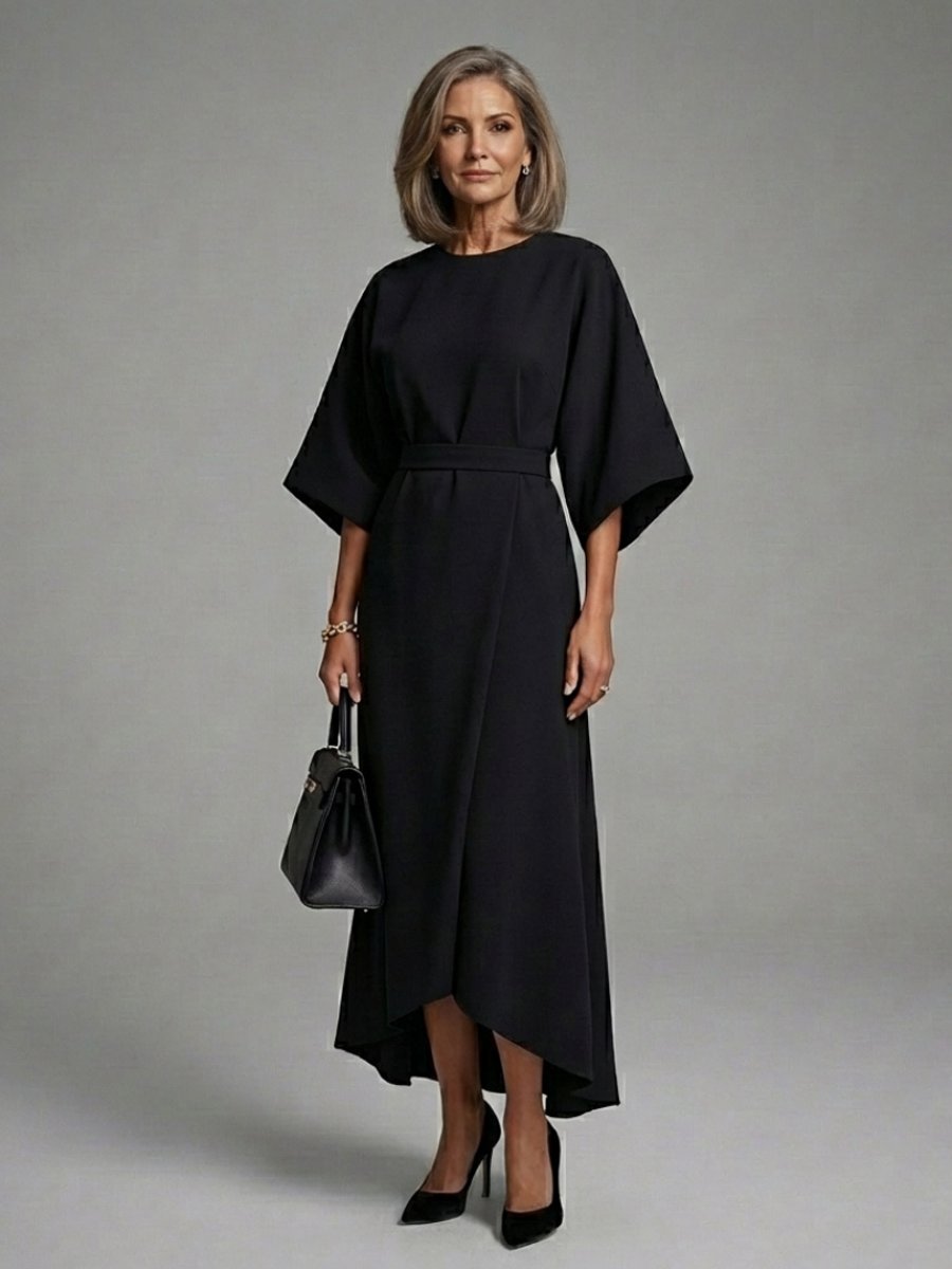 Women's Everyday Cape Sleeve Waist-Defined Asymmetric Midi Party Dress