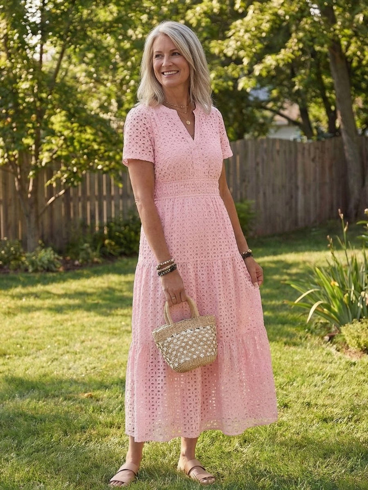 Women's Everyday Cotton Eyelet Tiered Midi Dress Short Sleeve