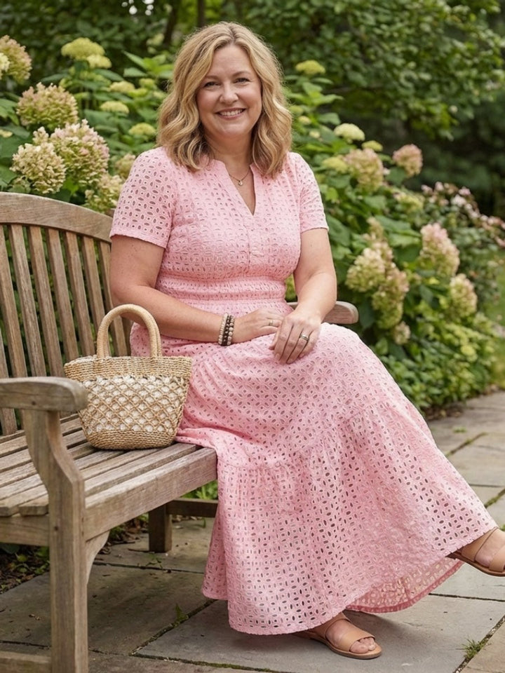 Women's Everyday Cotton Eyelet Tiered Midi Dress Short Sleeve