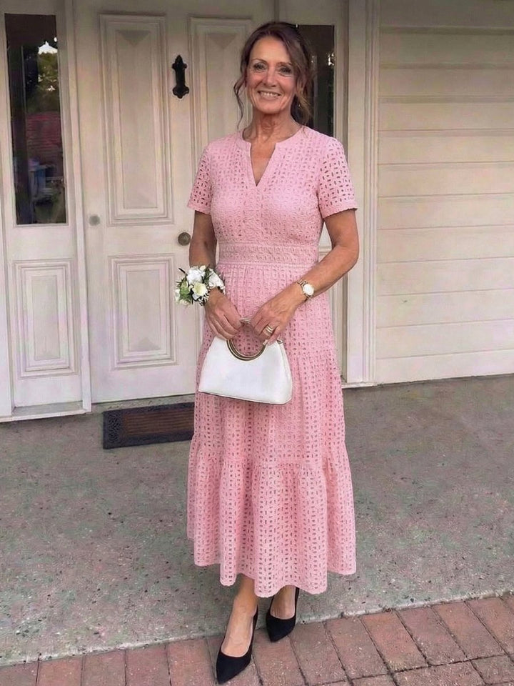 Women's Everyday Cotton Eyelet Tiered Midi Dress Short Sleeve