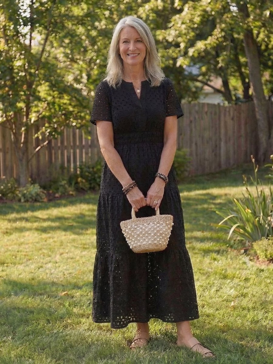 Women's Everyday Cotton Eyelet Tiered Midi Dress Short Sleeve