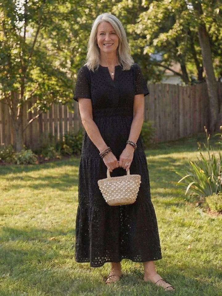 Women's Everyday Cotton Eyelet Tiered Midi Dress Short Sleeve
