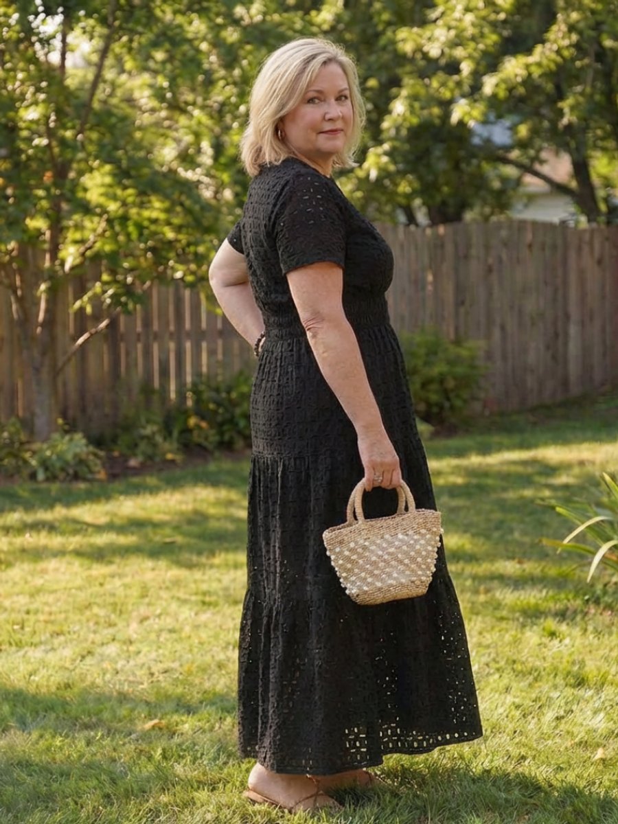 Women's Everyday Cotton Eyelet Tiered Midi Dress Short Sleeve