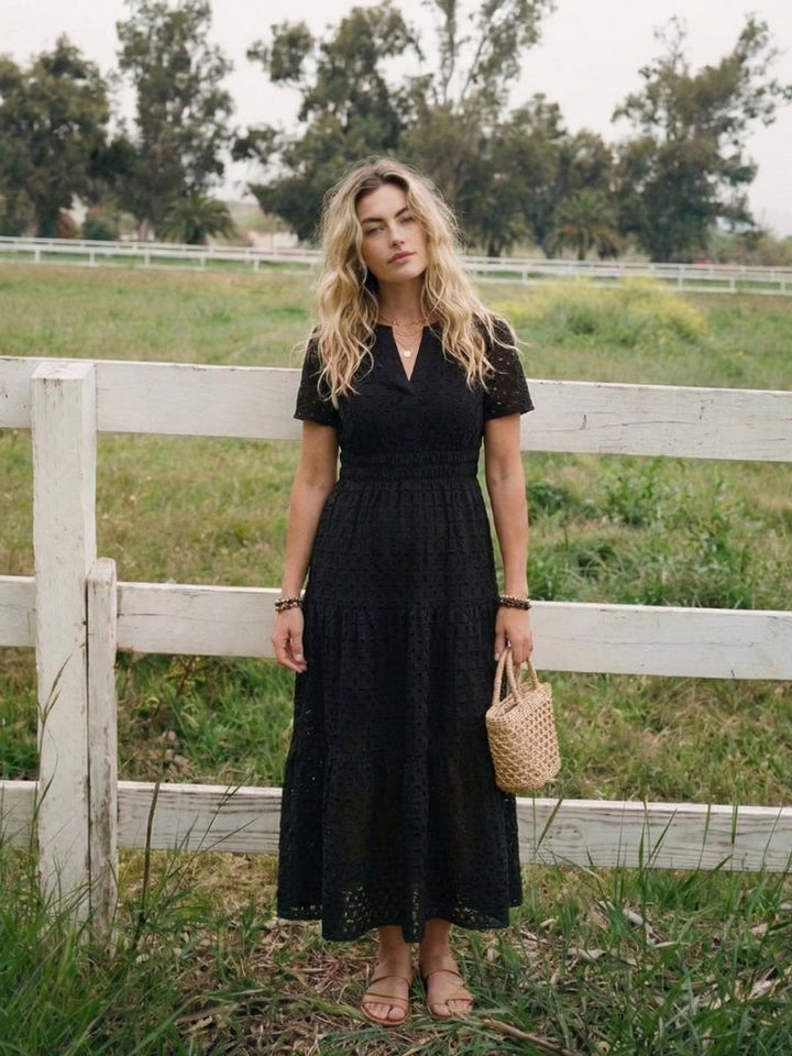 Women's Everyday Cotton Eyelet Tiered Midi Dress Short Sleeve