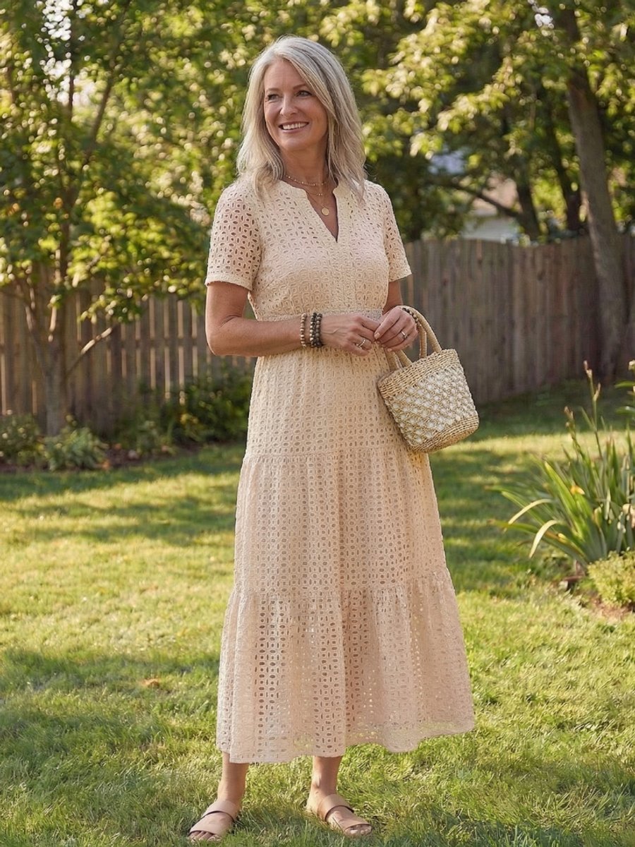 Women's Everyday Cotton Eyelet Tiered Midi Dress Short Sleeve