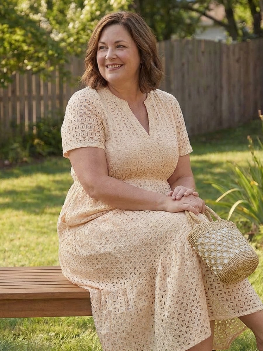 Women's Everyday Cotton Eyelet Tiered Midi Dress Short Sleeve