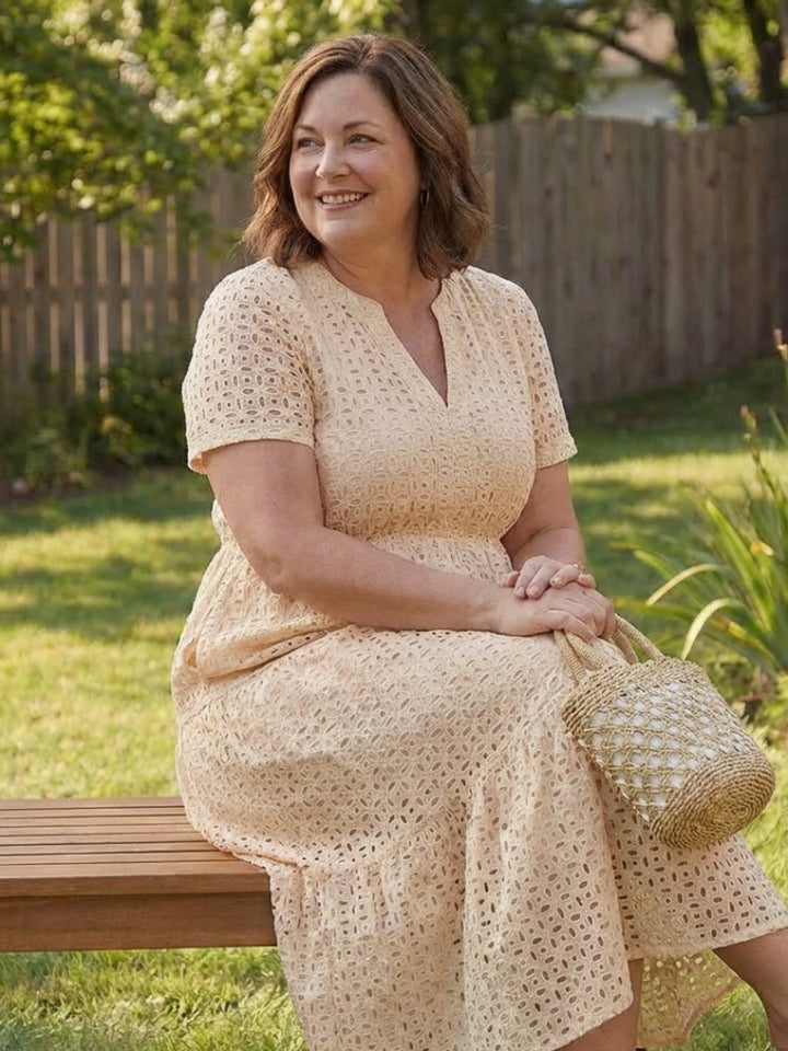 Women's Everyday Cotton Eyelet Tiered Midi Dress Short Sleeve