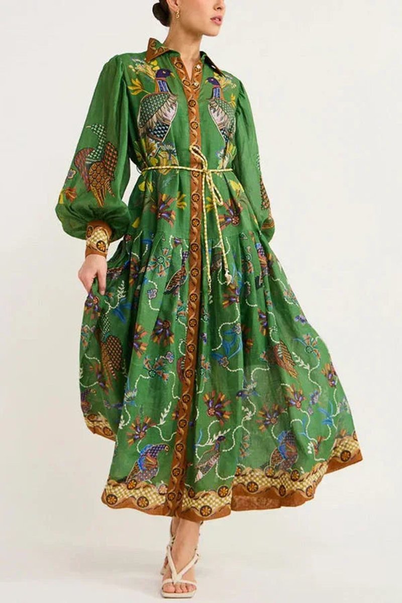 Women's Everyday Day Dress Bird-Print Long-Sleeve Belted Midi Shirt Dress