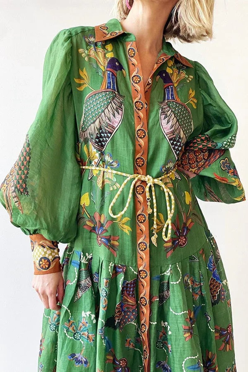 Women's Everyday Day Dress Bird-Print Long-Sleeve Belted Midi Shirt Dress