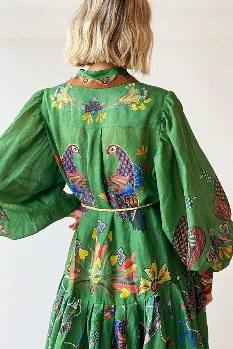 Women's Everyday Day Dress Bird-Print Long-Sleeve Belted Midi Shirt Dress