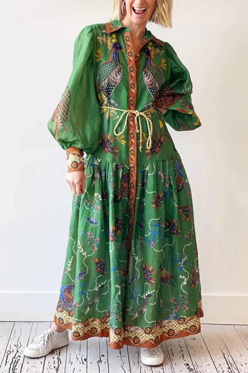 Women's Everyday Day Dress Bird-Print Long-Sleeve Belted Midi Shirt Dress
