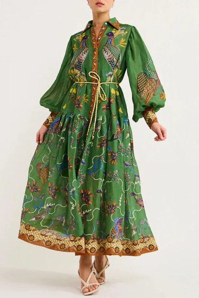 Women's Everyday Day Dress Bird-Print Long-Sleeve Belted Midi Shirt Dress