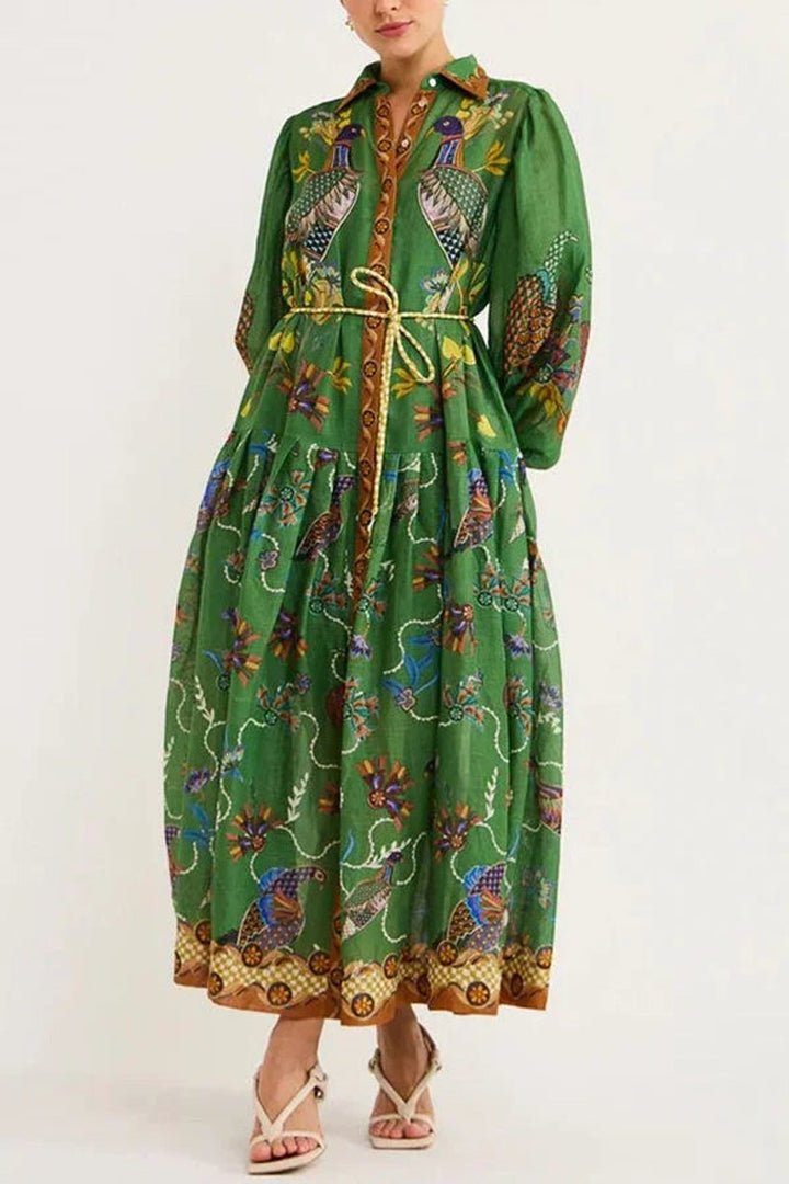 Women's Everyday Day Dress Bird-Print Long-Sleeve Belted Midi Shirt Dress