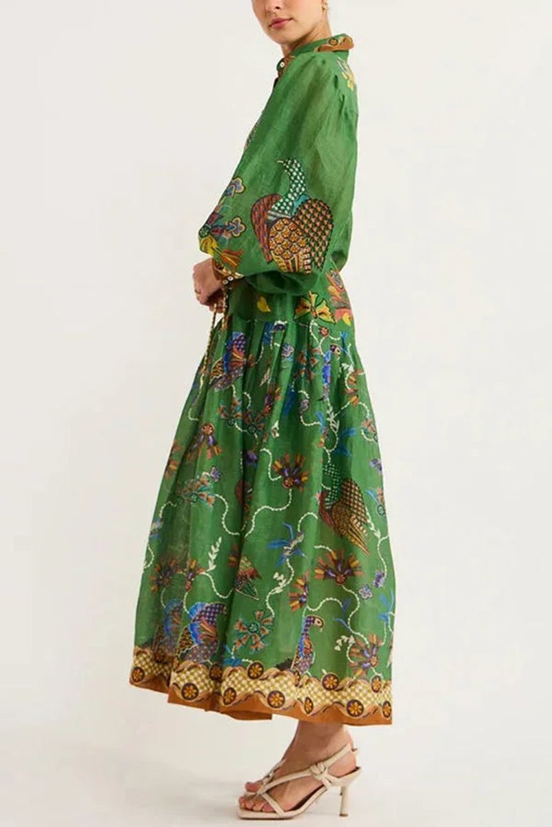 Women's Everyday Day Dress Bird-Print Long-Sleeve Belted Midi Shirt Dress