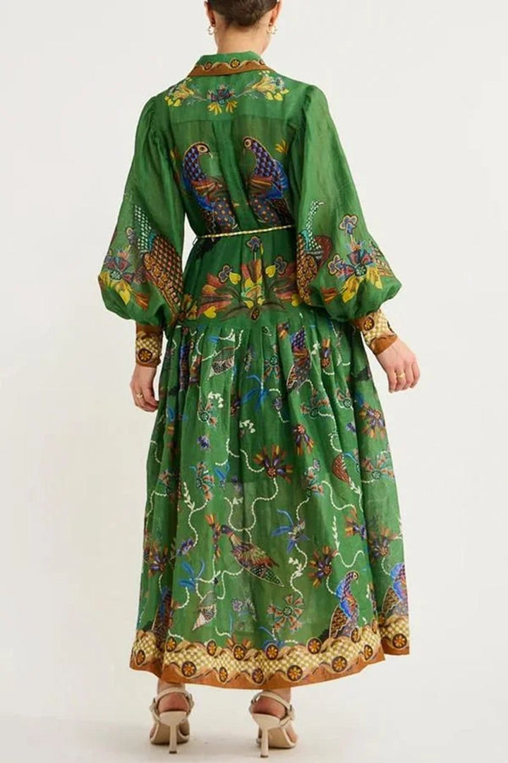 Women's Everyday Day Dress Bird-Print Long-Sleeve Belted Midi Shirt Dress