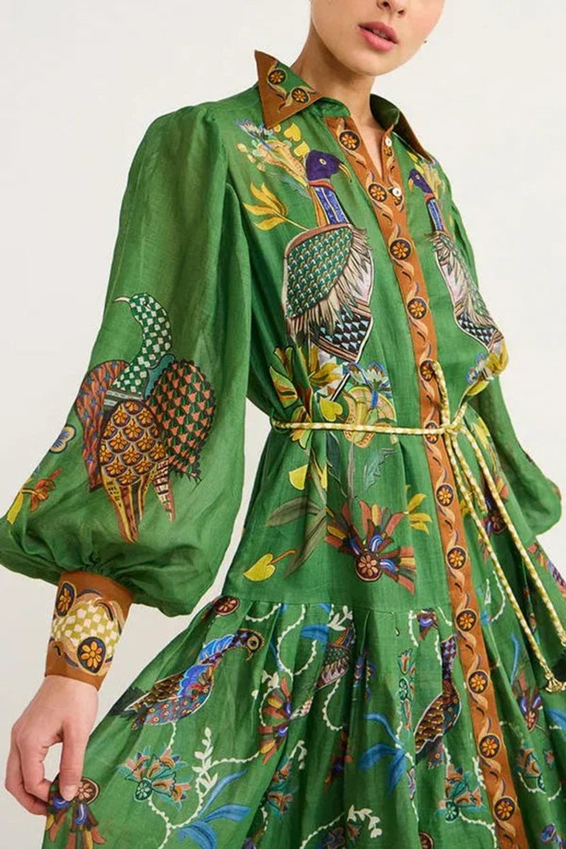 Women's Everyday Day Dress Bird-Print Long-Sleeve Belted Midi Shirt Dress
