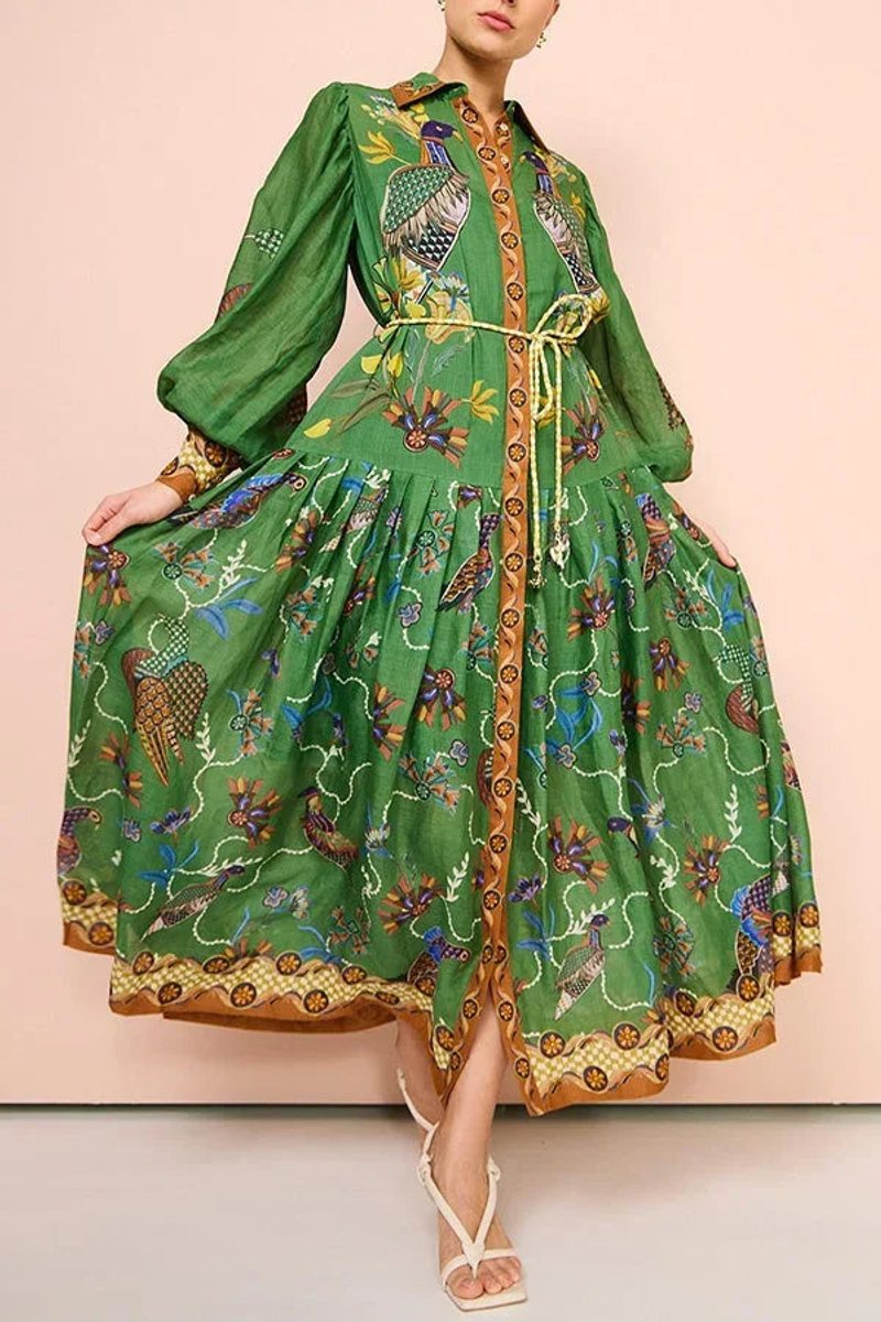 Women's Everyday Day Dress Bird-Print Long-Sleeve Belted Midi Shirt Dress