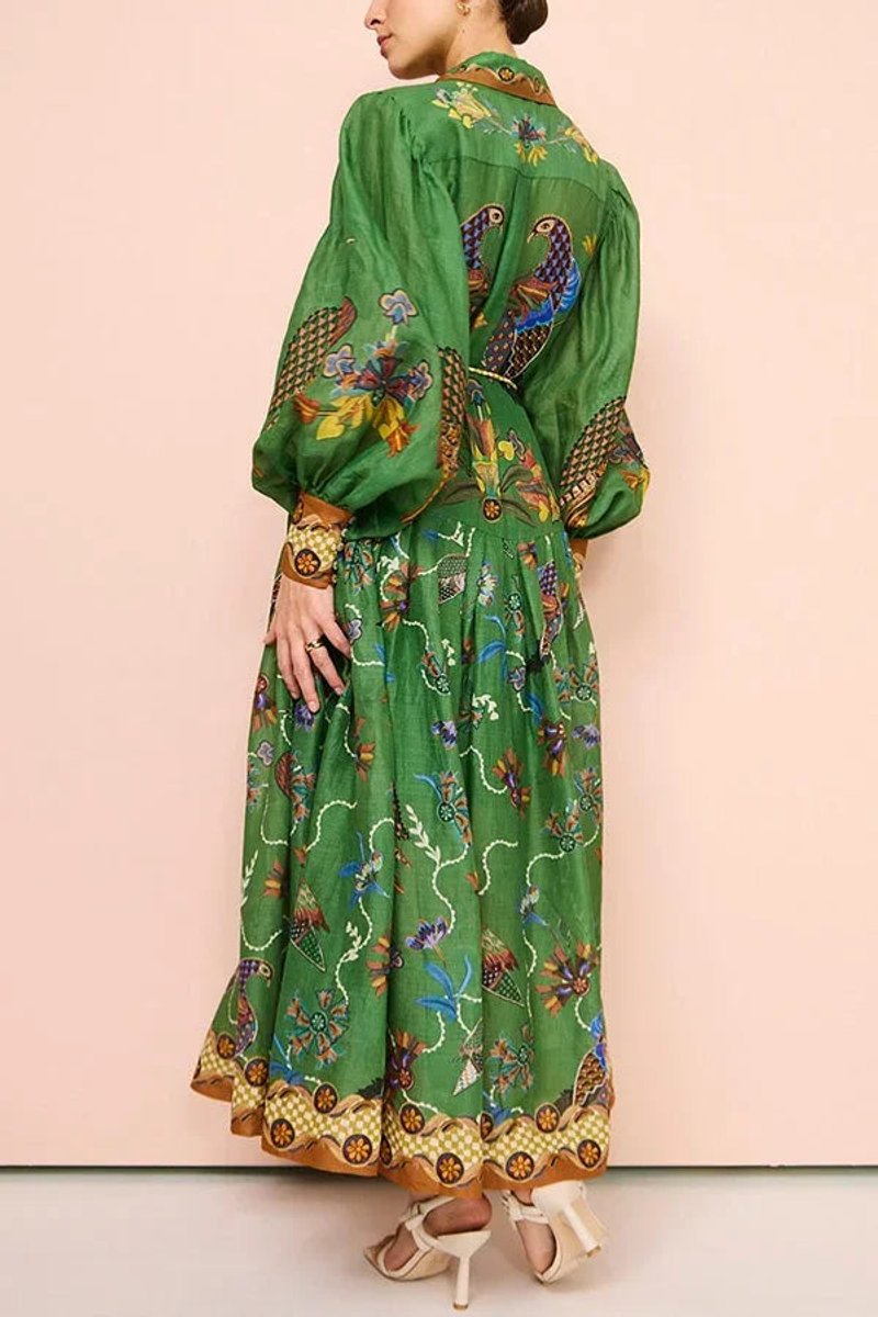 Women's Everyday Day Dress Bird-Print Long-Sleeve Belted Midi Shirt Dress