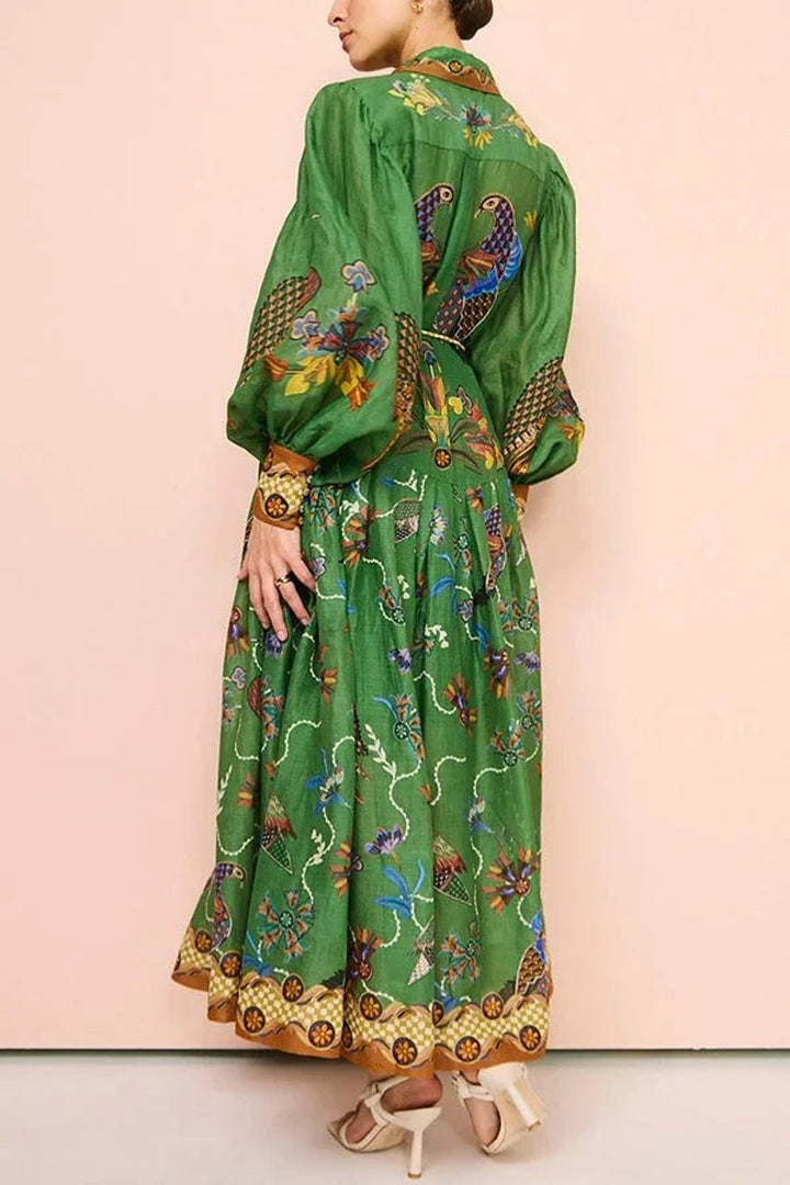 Women's Everyday Day Dress Bird-Print Long-Sleeve Belted Midi Shirt Dress