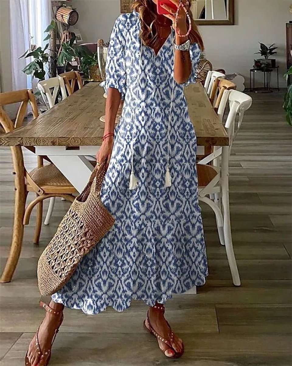 Women's Everyday Day Dress Boho Printed Midi V-Neck Tassel