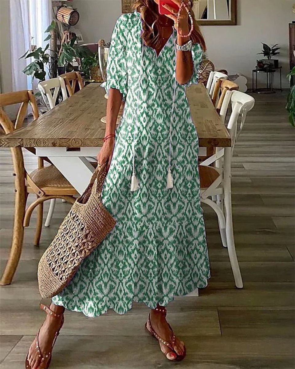 Women's Everyday Day Dress Boho Printed Midi V-Neck Tassel