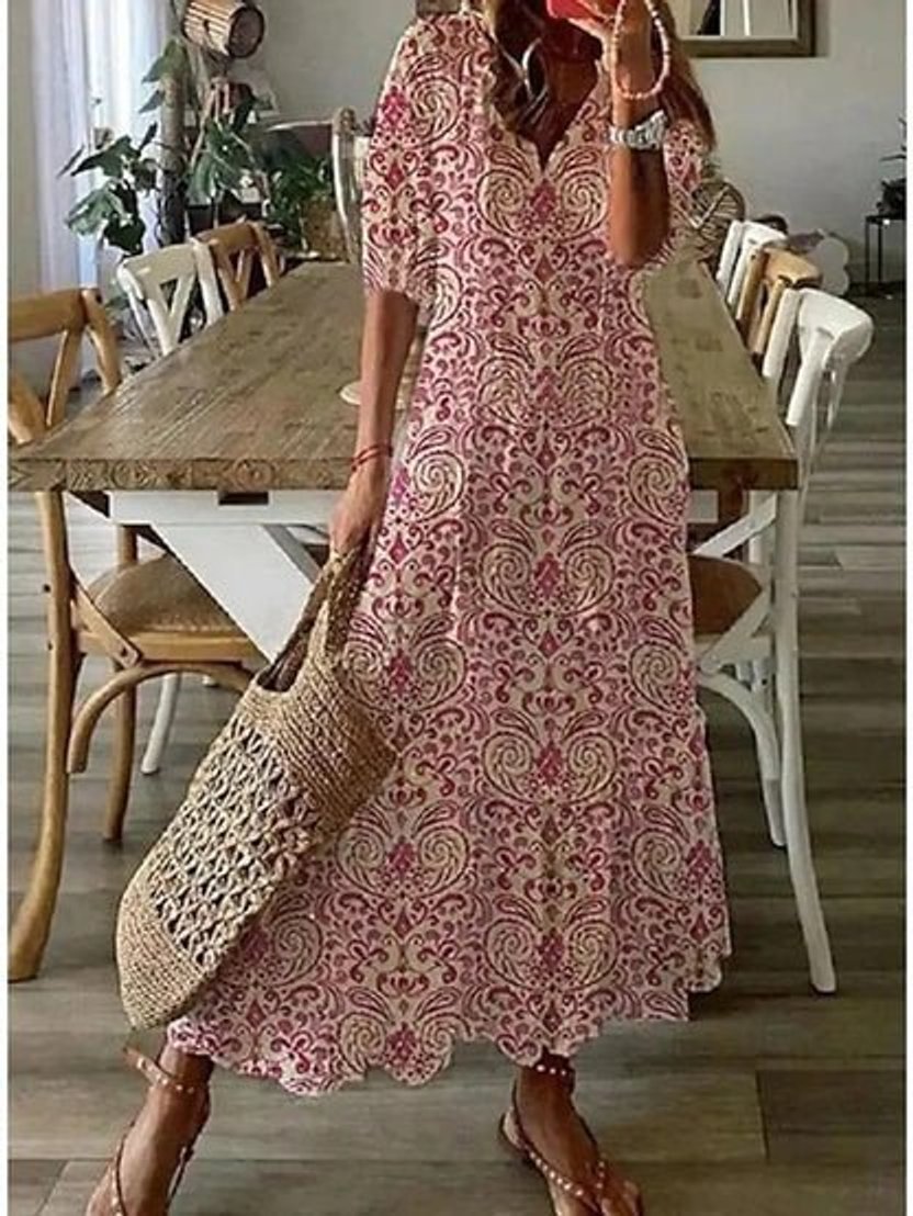 Women's Everyday Day Dress Boho Printed Midi V-Neck Tassel