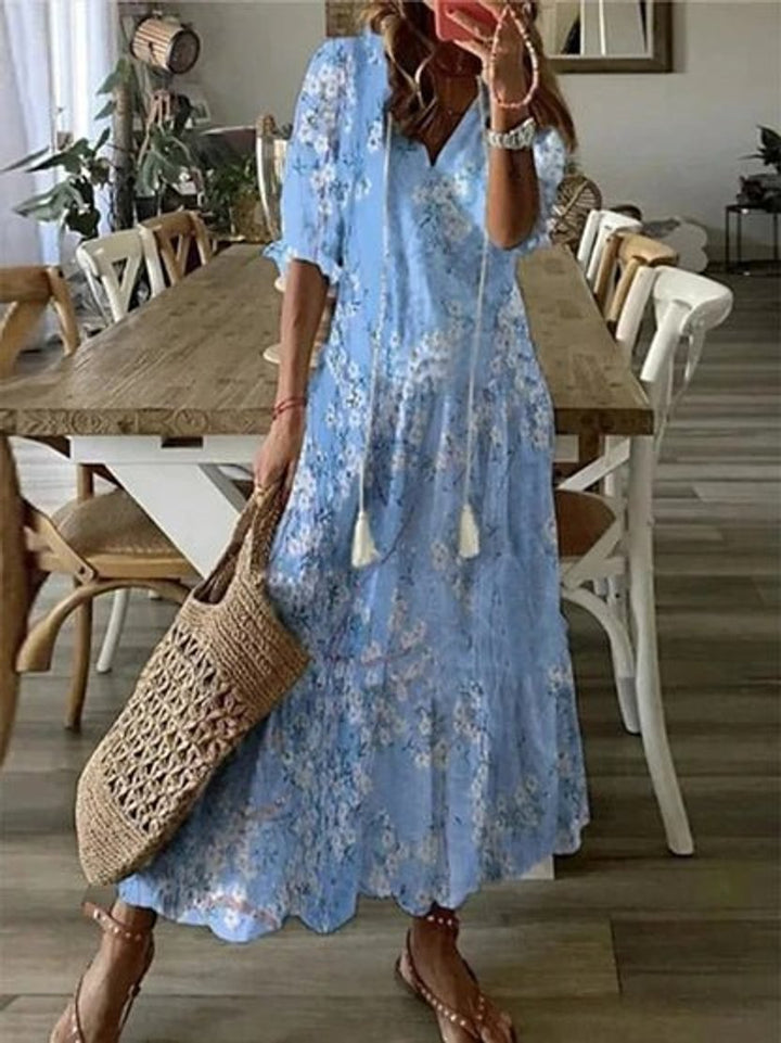 Women's Everyday Day Dress Boho Printed Midi V-Neck Tassel