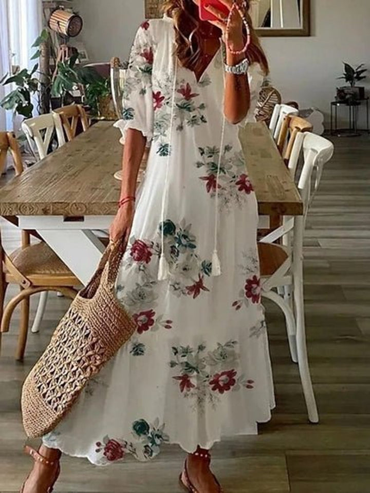 Women's Everyday Day Dress Boho Printed Midi V-Neck Tassel