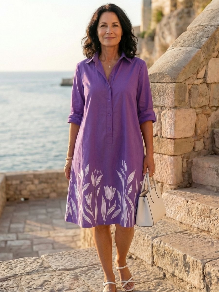 Women's Everyday Day Dress Botanical Print Collared Shirtdress