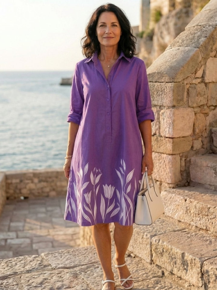 Women's Everyday Day Dress Botanical Print Collared Shirtdress