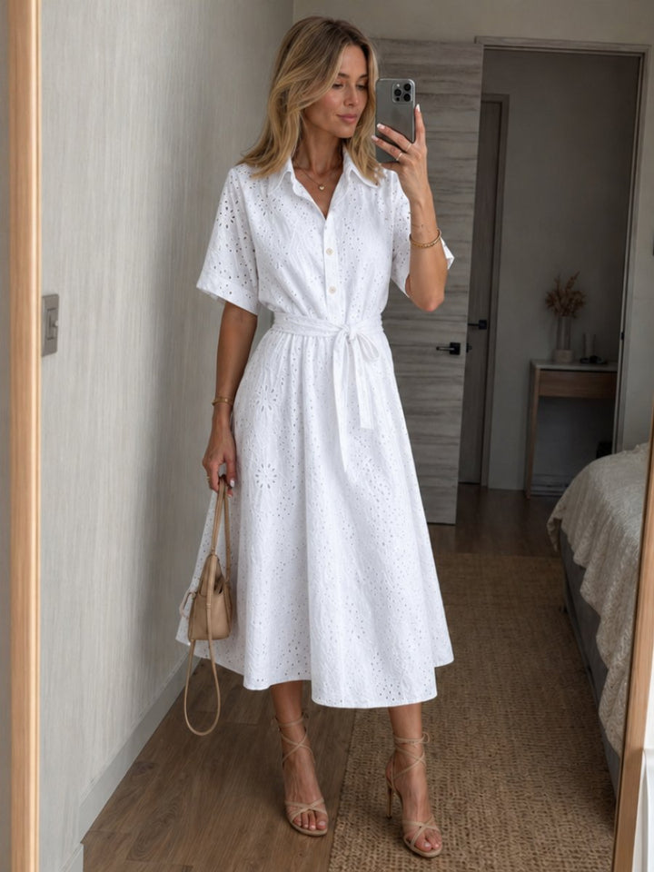 Women's Everyday Day Dress Broderie Anglaise Belted Midi Shirt Dress