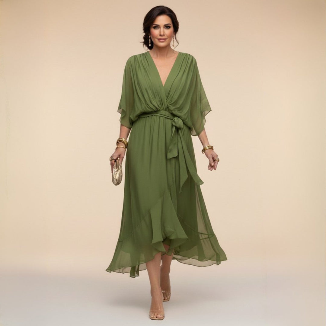 Women's Everyday Day Dress Chiffon V-Neck Belted Midi
