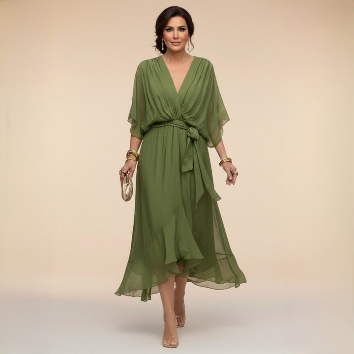 Women's Everyday Day Dress Chiffon V-Neck Belted Midi