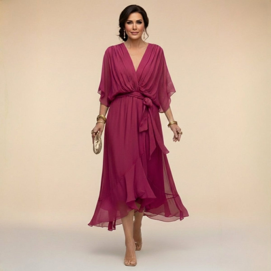 Women's Everyday Day Dress Chiffon V-Neck Belted Midi