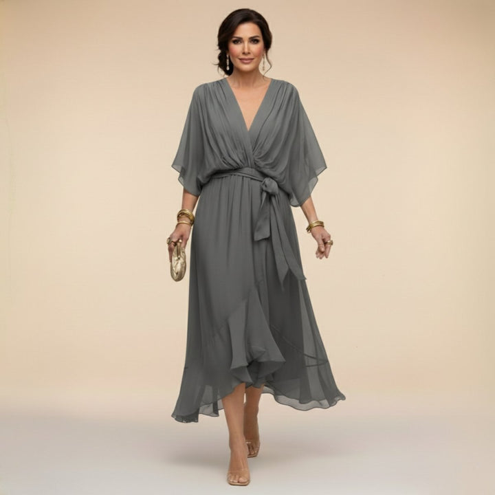 Women's Everyday Day Dress Chiffon V-Neck Belted Midi