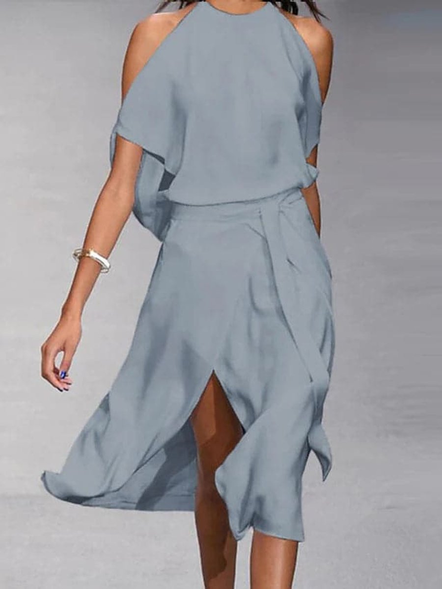 Women's Everyday Day Dress Cold-Shoulder Wrap Midi Skirt