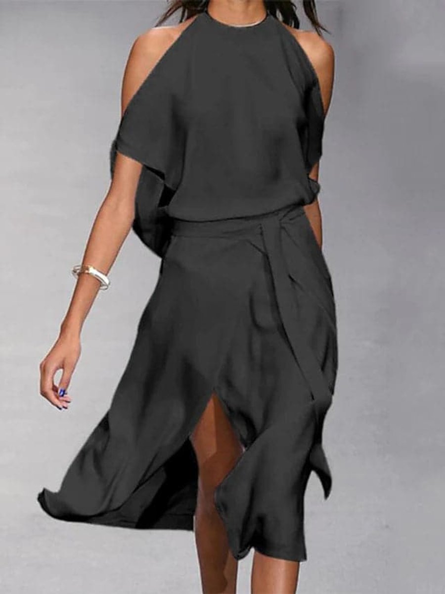 Women's Everyday Day Dress Cold-Shoulder Wrap Midi Skirt