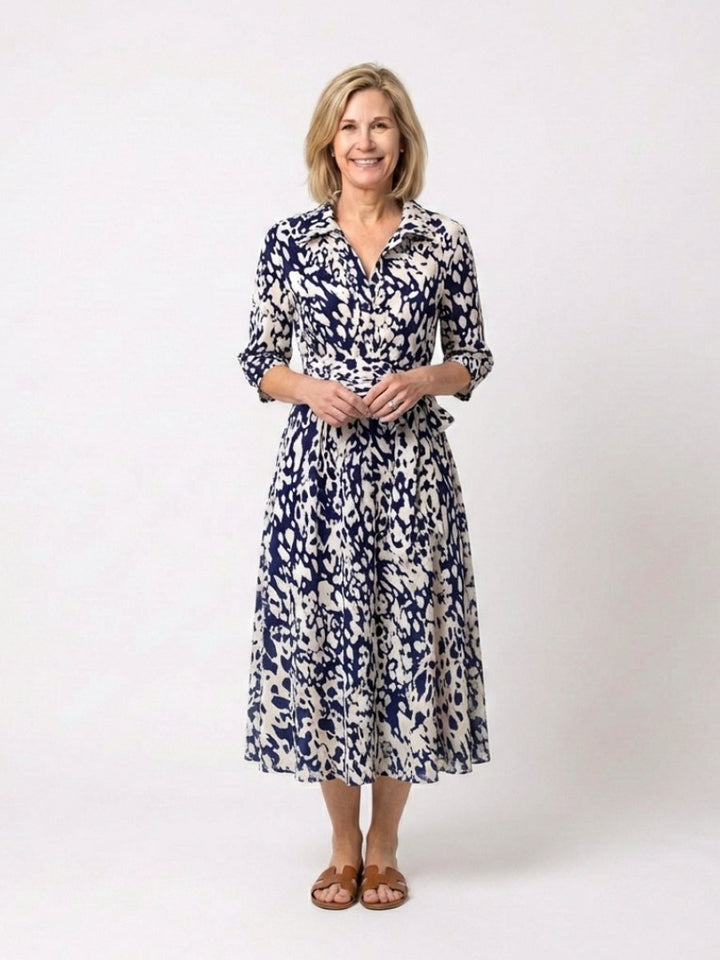 Women's Everyday Day Dress Collared Midi Shirt Dress Waist Tie