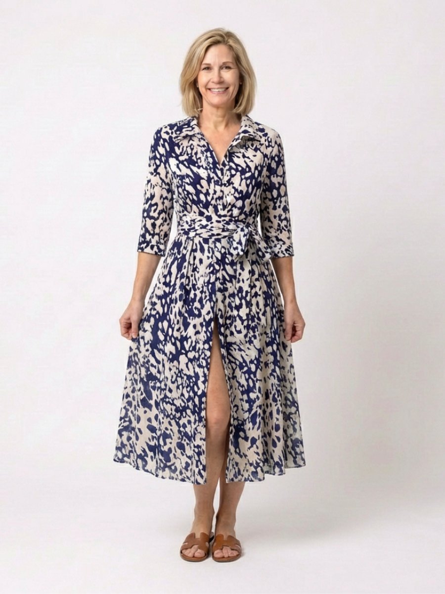 Women's Everyday Day Dress Collared Midi Shirt Dress Waist Tie