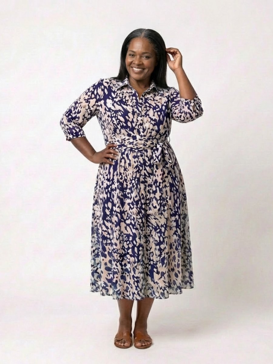 Women's Everyday Day Dress Collared Midi Shirt Dress Waist Tie