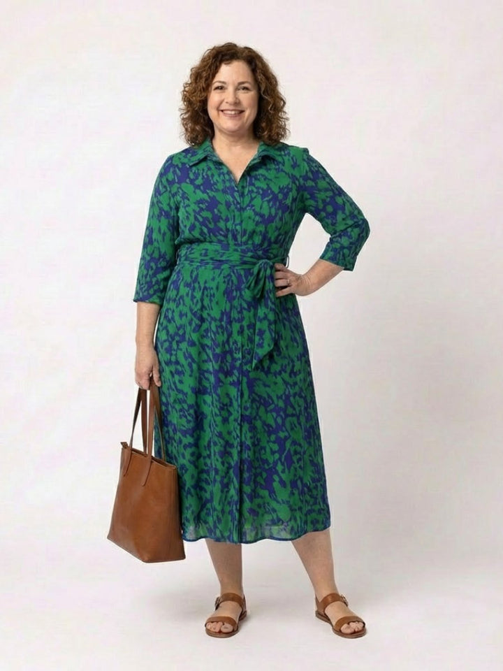 Women's Everyday Day Dress Collared Midi Shirt Dress Waist Tie