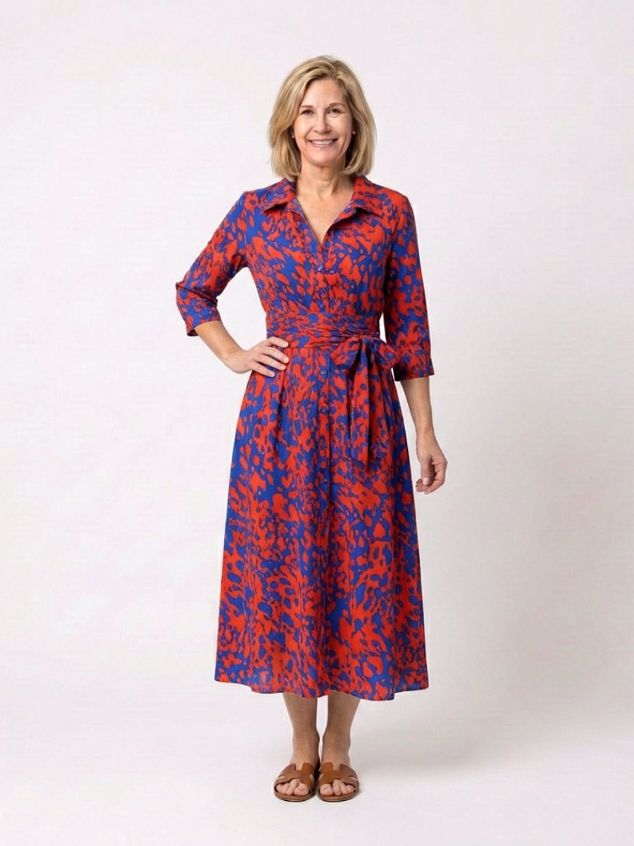 Women's Everyday Day Dress Collared Midi Shirt Dress Waist Tie