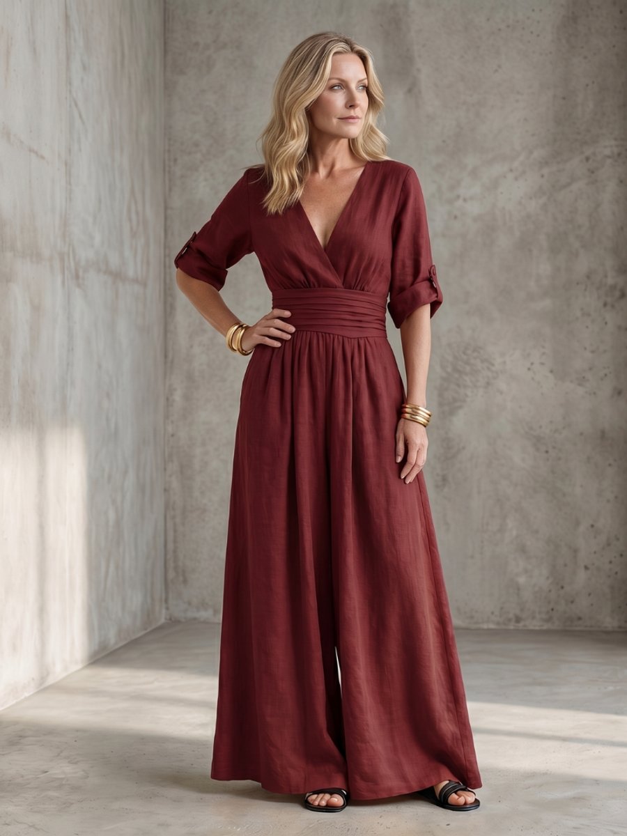 Women's Everyday Day Dress Cross-Front Wide-Leg Jumpsuit