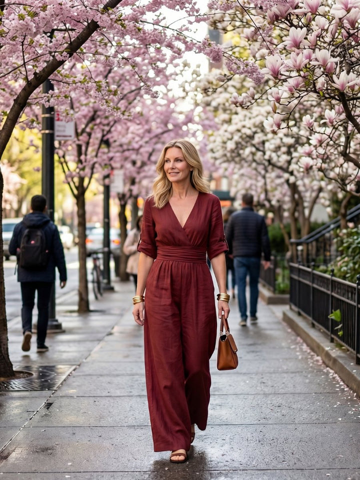 Women's Everyday Day Dress Cross-Front Wide-Leg Jumpsuit