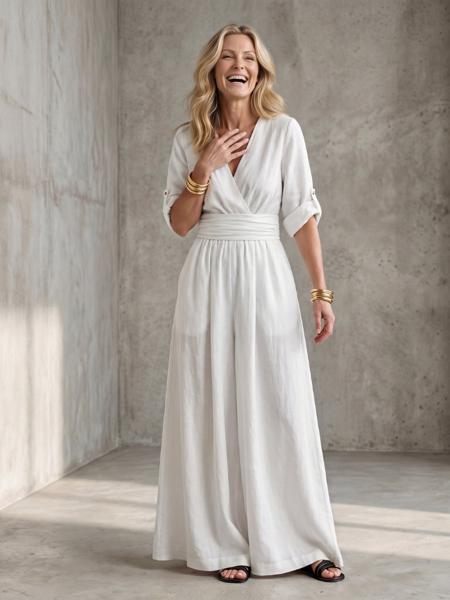 Women's Everyday Day Dress Cross-Front Wide-Leg Jumpsuit