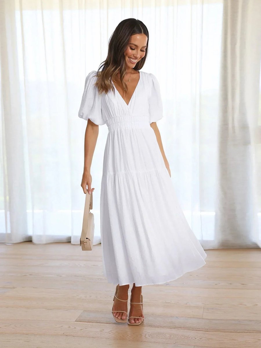 Women's Everyday Day Dress Deep V-Neck Puff Sleeve Smocked Waist Midi