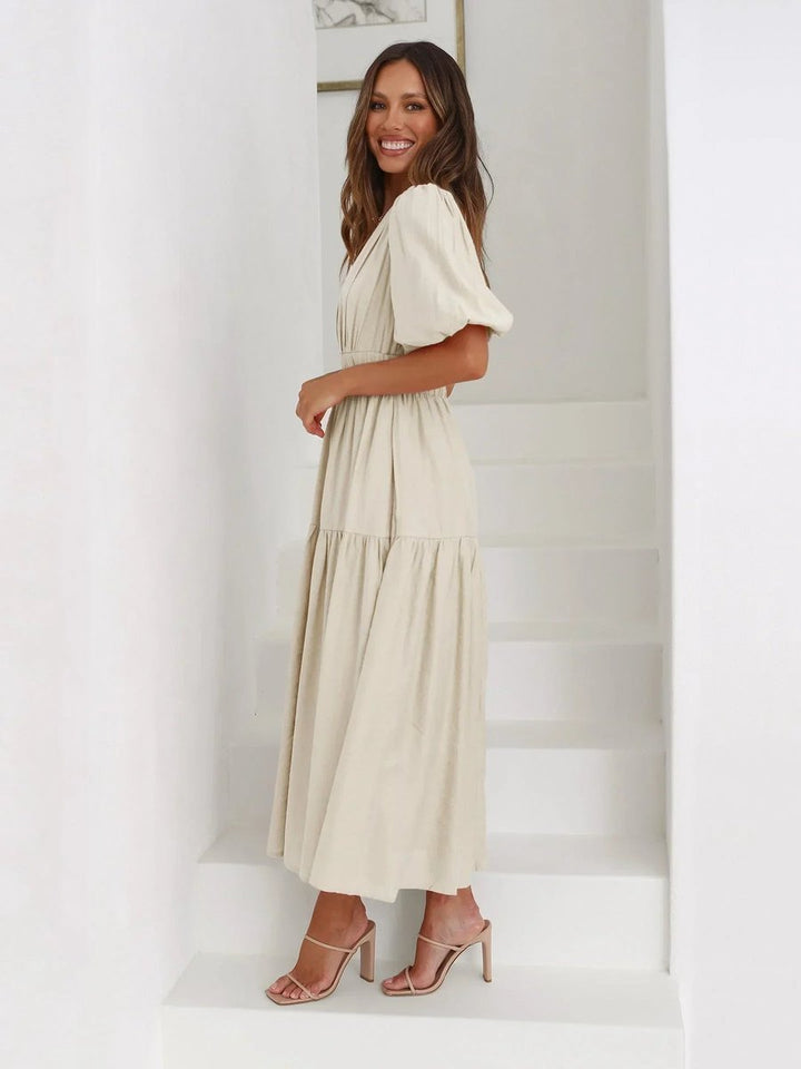 Women's Everyday Day Dress Deep V-Neck Puff Sleeve Smocked Waist Midi