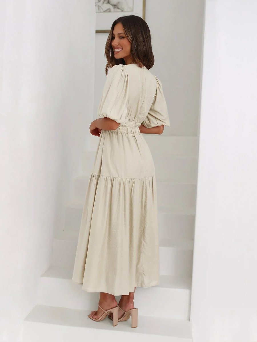 Women's Everyday Day Dress Deep V-Neck Puff Sleeve Smocked Waist Midi